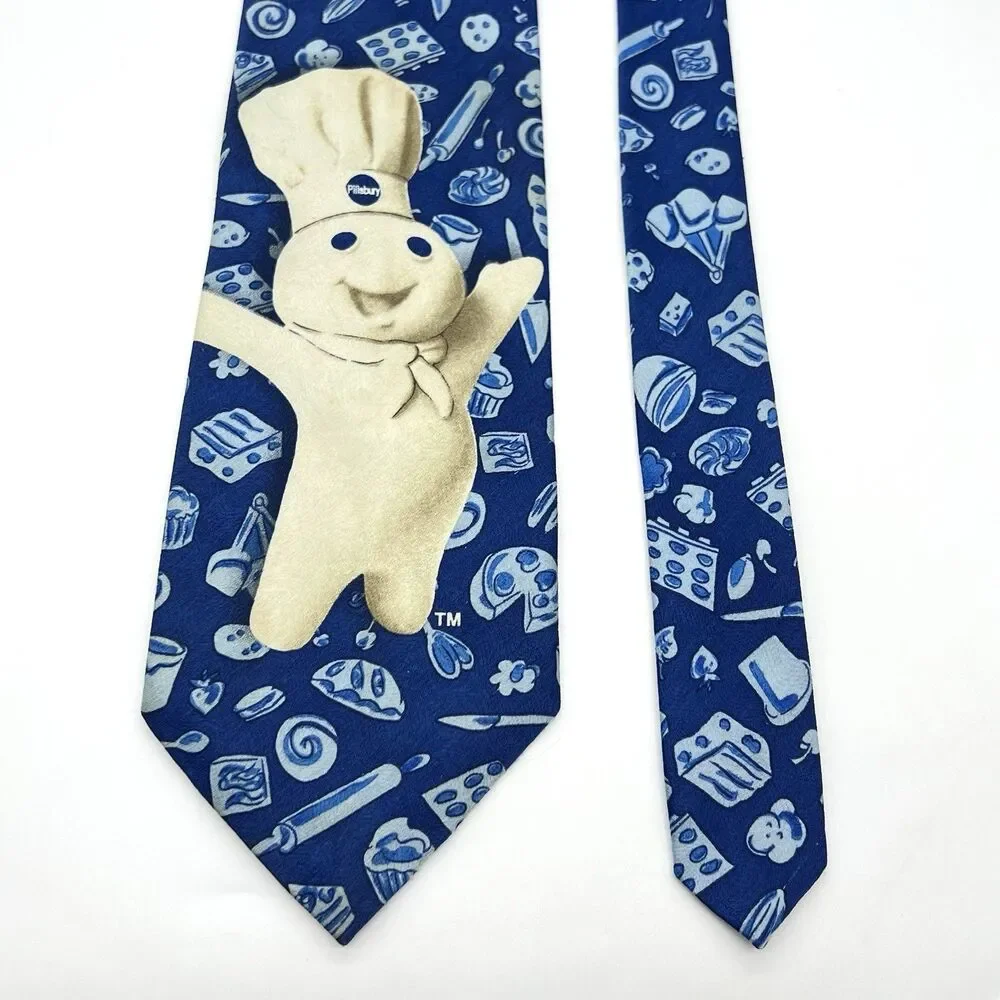 VTG Pillsbury Doughboy Cookin’ Neck Tie Blue AOP 1998 Ralph Marlin Baker Chef